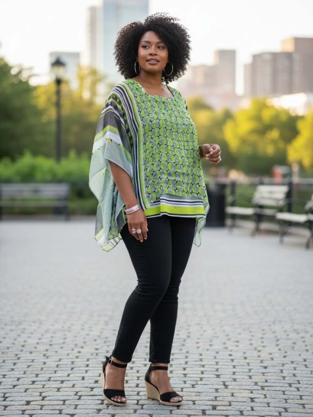 Cato Women Lime Green Geo Print Matching Cami Tank and Poncho Set‎ Size L